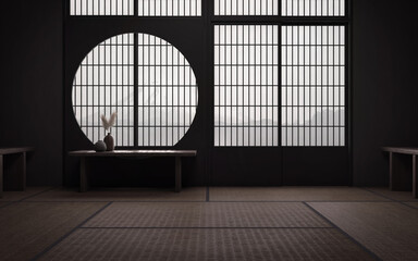 Traditional japanese empty room interior with tatami mats.3d rendering
