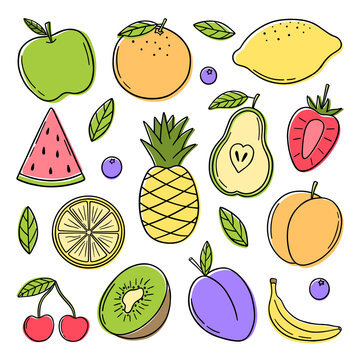 Hand drawn set of summer tropical fruits doodle.  Vegetarian food in sketch style.  Vector illustration isolated on white background.