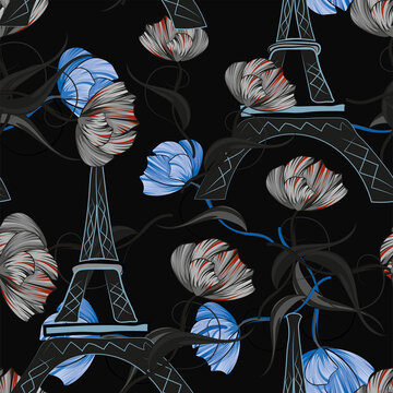 Seamless pattern Night Paris. France. Romantic pattern for print. Drawing with the Eiffel Tower and flowers.