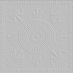 White floral embossed 3d greek seamless pattern. Vector textured greek background. Ancient emboss square frame, border, round mandala, love hearts, flowers. Relief surface 3d white ornaments