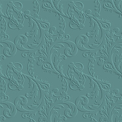Baroque embossed floral line art tracery 3d seamless pattern. Leafy relief background. Repeat textured blue backdrop. Surface leaves, swirls. 3d vintage endless ornaments with embossing effect