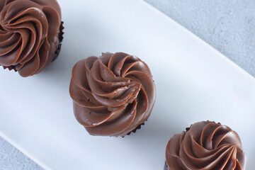 Rum flavored chocolate cupcake displayed on gray background