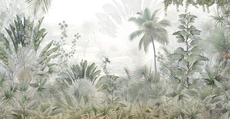 tropische Bäume und Blätter Tapetendesign im nebligen Wald - 3D-Darstellung