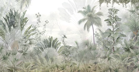 tropische Bäume und Blätter Tapetendesign im nebligen Wald - 3D-Darstellung © Bilstock