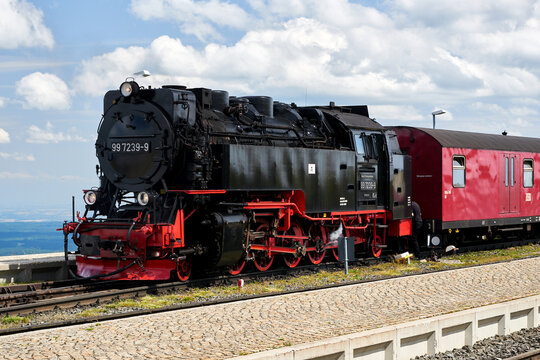 old steam engine train Brockenbahn at station in Harz national park