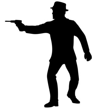 A gangster with a gun. A man with a revolver is robbing a bank. The shooter in the cowboy hat threatens