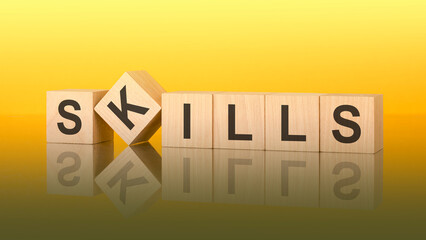 SKILLS - text of on wooden cubes, reflected from the bright yellow surface