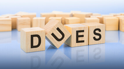 four wooden blocks with the letters DUES on the bright surface of a blue background. the inscription on the cubes is reflected from the surface. business concept.