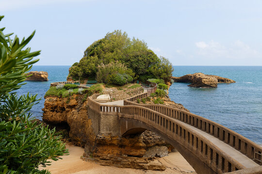 Bridge to the Rocher du Basta rock on the beach in Biarritz, France.