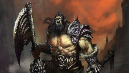 Muscular formidable orc warrior with an ax stands on a mountainous area. Digital drawing style, 2D illustration