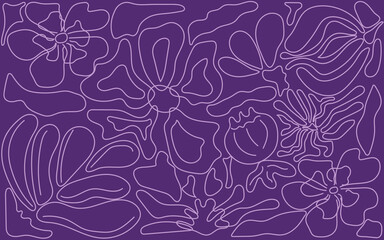 Floral pattern on purple background. Vector image. Graphic linear wallpaper.