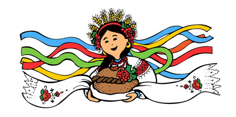 Hospitable Ukrainian woman with bread and salt on towel and wreath of spikelets with multi-colored ribbons horizontal