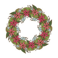 Beautiful colorful floral Christmas wreath isolated on white background. Botanical round garland. Flower circle frame. Cute abstract poinsettia flowers and leaves.