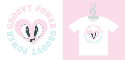 Retro Prints with Groovy cute character on T-shirts, sweatshirts, clothing, textile or package design. Isolated vector illustration in vintage style