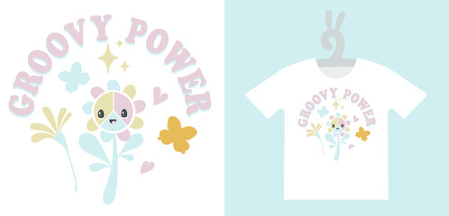 Retro Prints with Groovy cute character on T-shirts, sweatshirts, clothing, textile or package design. Isolated vector illustration in vintage style