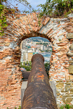 View of a muzzle-loading culverin of the seventeenth century in the Priamar fortress, Savona, Liguria, Italy
