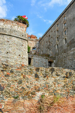 View of access to the Priamar fortress in Savona,Italy,built in 1542 by the Republic of Genoa. It is situated on a hill above the sea and was the main fortress of the Genoese republic.