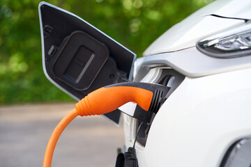 Electric car is charged in front. cable is visible. The car is blurred. Nature visible in the background out of focus. The theme is environment and energy. 