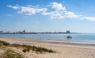 View of La Pallice, from rivedoux, re island, the trade port of La Rochelle. freight ships and...
