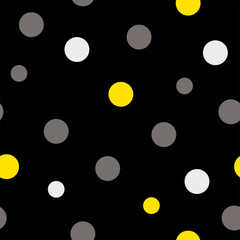 Stylish seamless pattern with polka dots. Gray and yellow circles chaotically on a black background. Vector template.