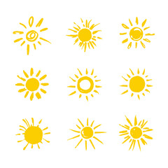 Set of painted yellow suns. Nine hand drawn suns. Solar symbols set. Vector sun illustrated