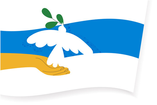 White-blue-white russian opposition and anti-war protesters flag with dove. Pigeon symbol of peace. Fight, hope, freedom, protest concept vector illustration banner. Free Russia. Volunteer hand
