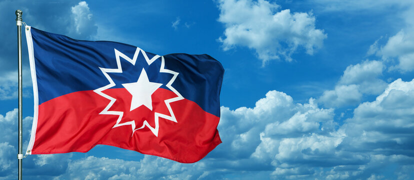 Juneteenth Flag with blue cloudy sky. Since 1865. Design of Banner with place for text. 3D rendering.