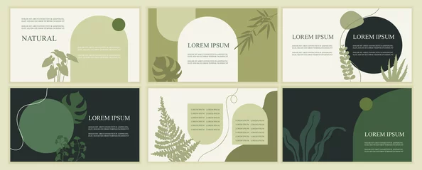 Tuinposter Set of abstract natural templates for presentation. Green leaves and plants. Horizontal banners. Vector flat illustrations. EPS 10. Organic cosmetic © sweet kiwi