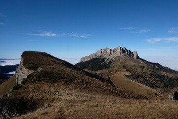 Two rocks in Caucasus, Autumn in mountains, outdoor tracking hiking in mountains, rocks alpinism traveling, autumn mood in countryside nature, travel hiking camping, mountain outdoor wallpaper