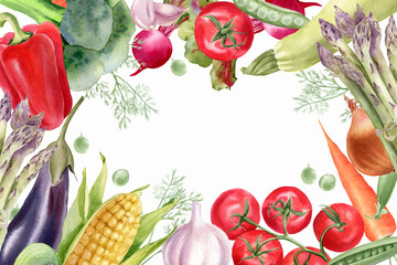 Watercolor vegetables set. Broccoli, tomato, carrot, pepper, asparagus, garlic, zucchini, corn,  green peas. Hand painted illustration isolated on white