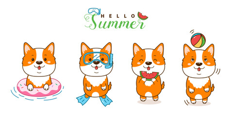 cute corgi cartoon summer set.