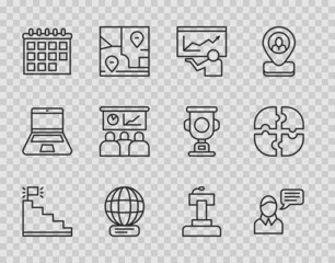 Set line Stair with finish flag, Speech bubble chat, Training, presentation, Worldwide, Calendar, Stage stand tribune and Piece of puzzle icon. Vector