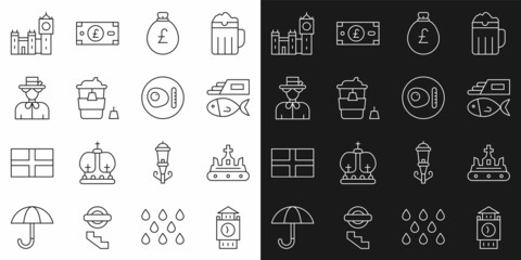 Set line Big Ben tower, British crown, Fish and chips, Money bag with pound, Coffee cup go, Queen Elizabeth, and breakfast icon. Vector