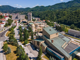 Fototapeta premium Aerial view of Center of the town of Smolyan, Bulgaria