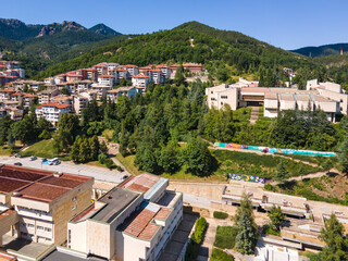 Fototapeta premium Aerial view of Center of the town of Smolyan, Bulgaria