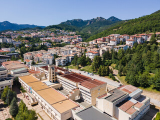 Fototapeta premium Aerial view of Center of the town of Smolyan, Bulgaria