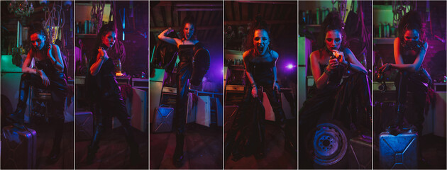 girl cosplay cyberpunk apocalyptic style. Collage of many photos of an aggressive woman in...