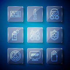 Set line Peace, Protest, Police assault shield, Gas mask, Paint spray can, badge and icon. Vector