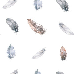 Watercolor feathers seamless pattern on white background. Delicate pattern, angel, in pastel colors in vintage style