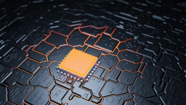 CPU overheating by big data. A computer processor with millions of connections and signals. Technology cpu background. Pulses and signals from the chip propagate through the motherboard. 3d animation.