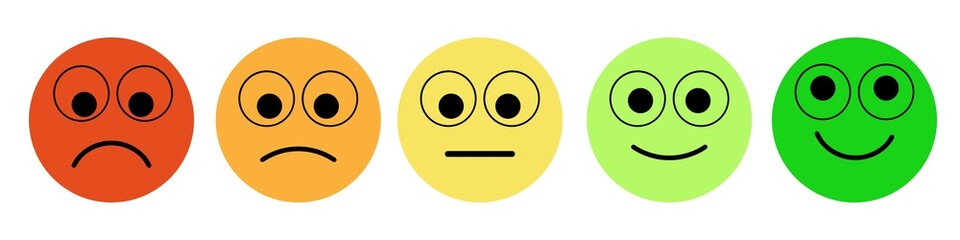 Smiley rating scale. Angry, sad, neutral, positive and happy emotions. Feedback rating level.