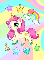 Little unicorn with diamond, rainbow and crown. Colorful vector illustration for kids
