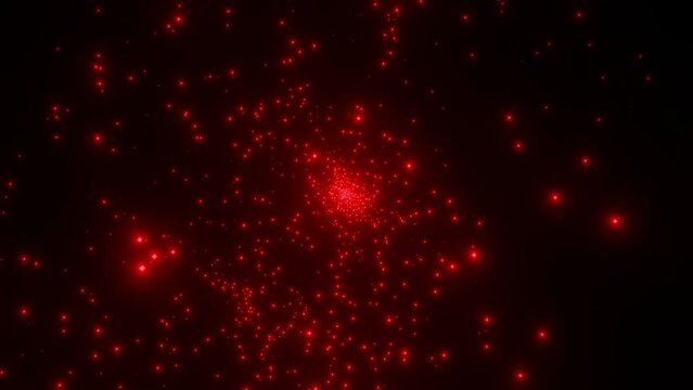 Emergence and spread of red particles from center. Explosion of elementary particles. Big bang or cosmic phenomenon Background. Sparkling and pulsating white particles flying from the center. 4k