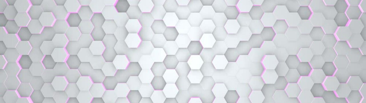 Digital geometric white mesh with pink energy glow in wide angle. Futuristic technology polygon pattern. Abstract animated background.