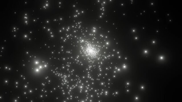 Emergence and spread of white particles from center. Explosion of elementary particles. Big bang or cosmic phenomenon Background. Sparkling and pulsating white particles flying from the center. 4k