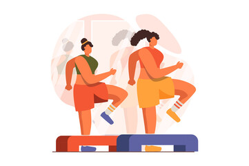 Fitness web concept in flat design. Women in sportswear do step aerobics and do cardio exercises with stepper platforms. Sportswomen training on equipment in gym. Vector illustration with people scene