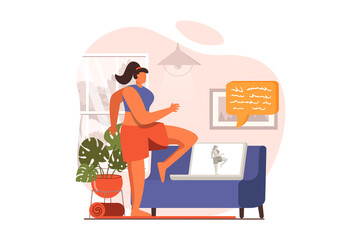 Fitness web concept in flat design. Woman in sports uniform doing cardio training and exercising with video lesson with trainer. Sportswoman training at home. Vector illustration with people scene