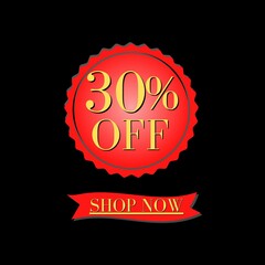 30% percent off with 3D red banner and flag design with yellow letters (shop now) discount 