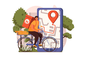 Fototapeta Food delivery web concept in flat design. Courier rides bicycle and delivers bag of groceries from store and order of food. Fast shipping and tracking in app. Vector illustration with people scene obraz