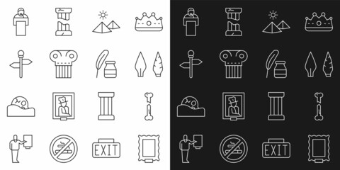 Set line Picture, Human broken bone, Stone age arrow head, Egypt pyramids, Ancient column, Road traffic signpost, Gives lecture and Feather and inkwell icon. Vector